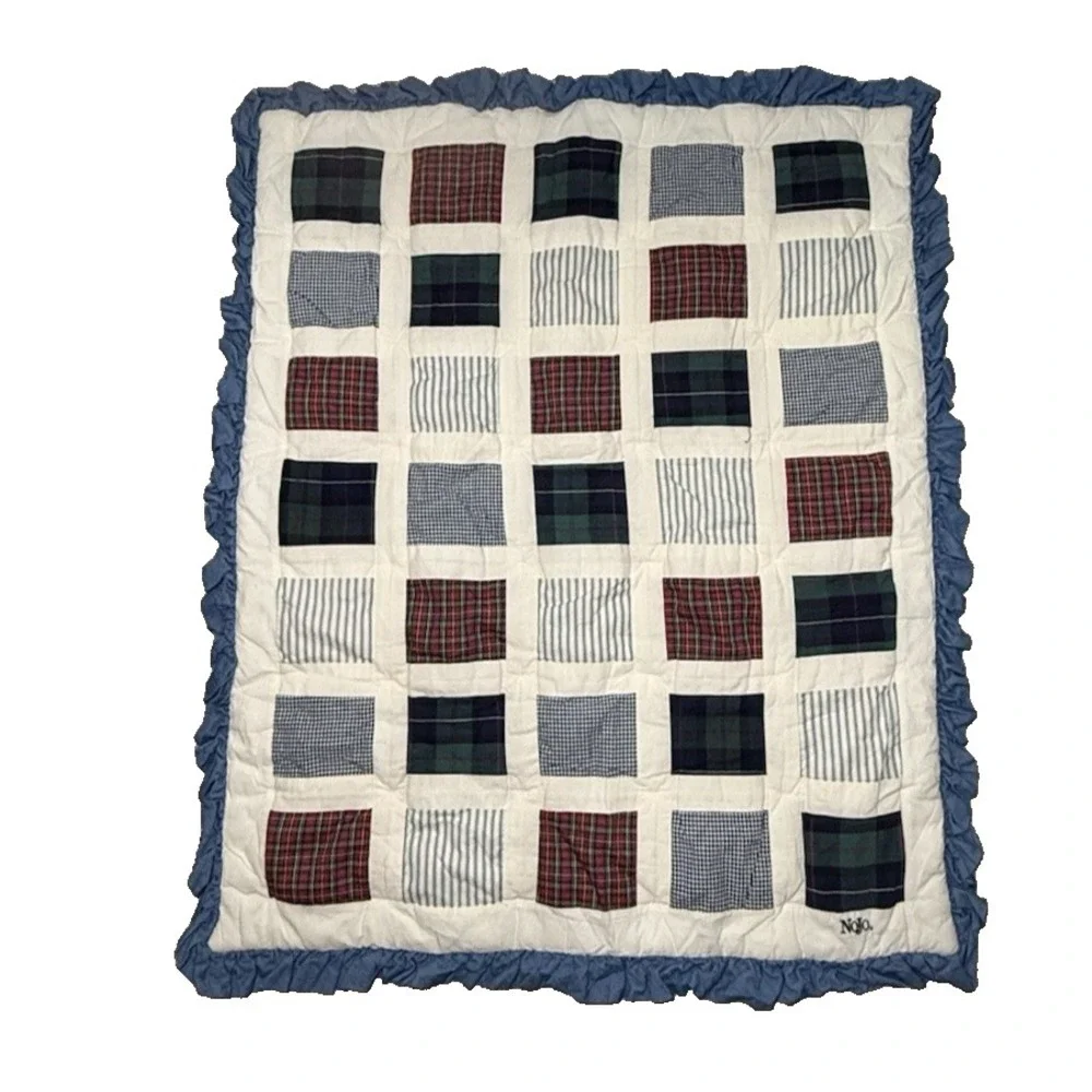 Nojo Plaid Patchwork Baby Blanket Crib Vtg‎ Bedding Nursery Chambray Ruffle